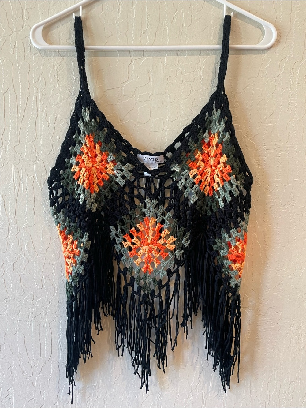 Vivid Black Crochet Fringe Camisole with Orange & Green Diamond Motifs